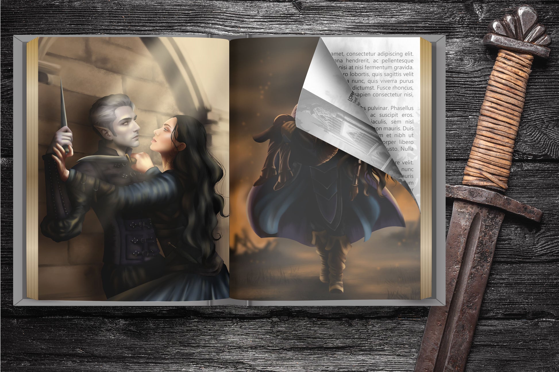 Interior illustrated pages from A Dragon’s Queen special edition, showing double-page spread with turned page