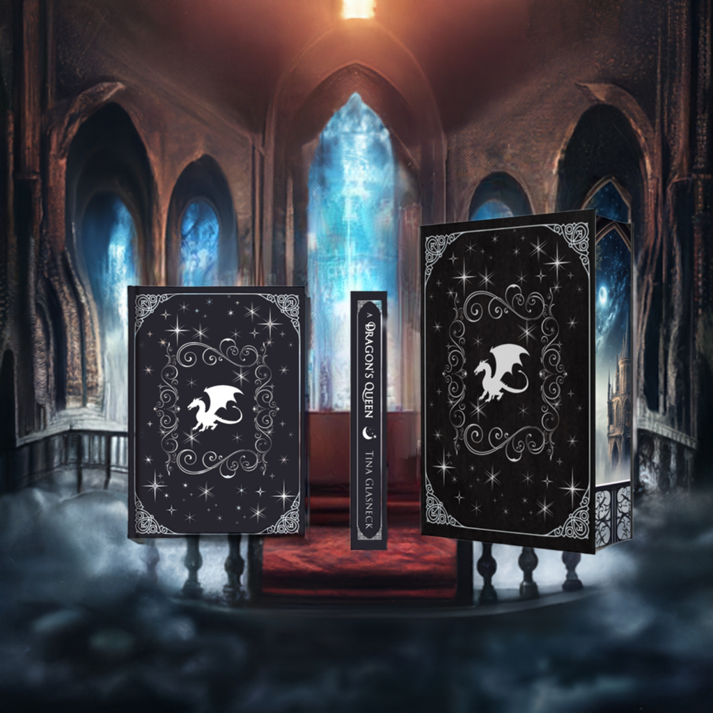 A Dragon’s Queen special edition hardcover in black velvet with silver foiling and sprayed edges