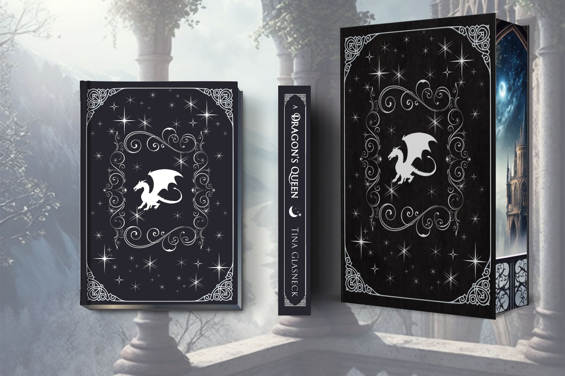 A Dragon’s Queen special edition hardcover in black velvet with silver foiling and sprayed edges.