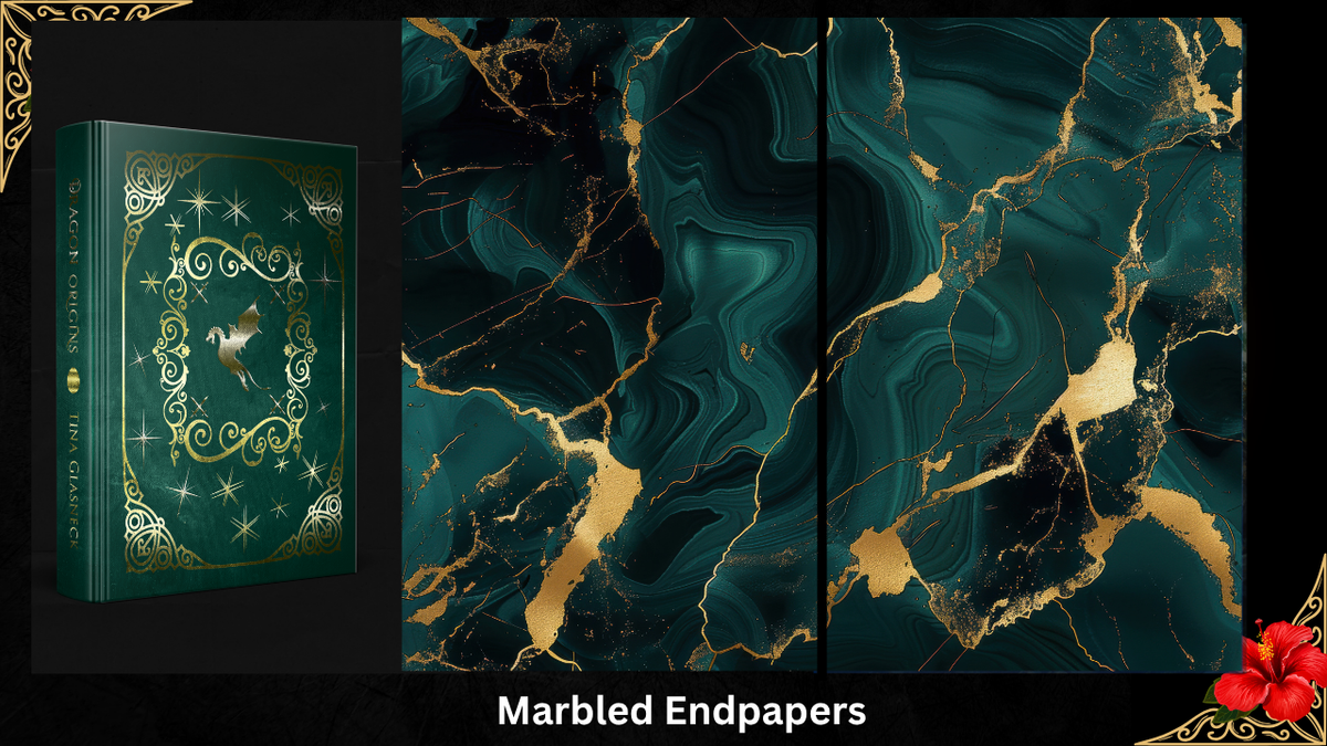 A dark teal and black marble-patterned book or journal cover shown standing upright next to a large matching marble background panel, with decorative gold filigree and the text 'Marbled Endpapers' below.