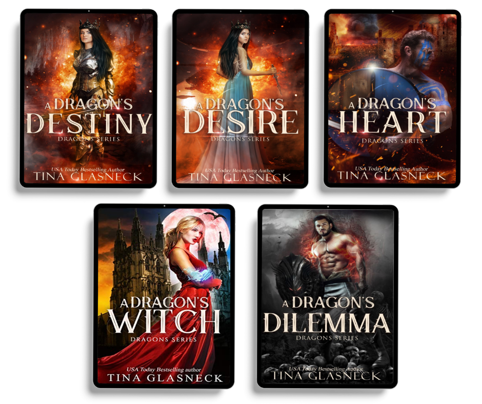 Five book covers from the 'A Dragon's Heart' fantasy series by Tina Glasneck are arranged in a grid on a white background. The covers feature dramatic fantasy artwork with dragons, warriors, and a woman in a red gown.