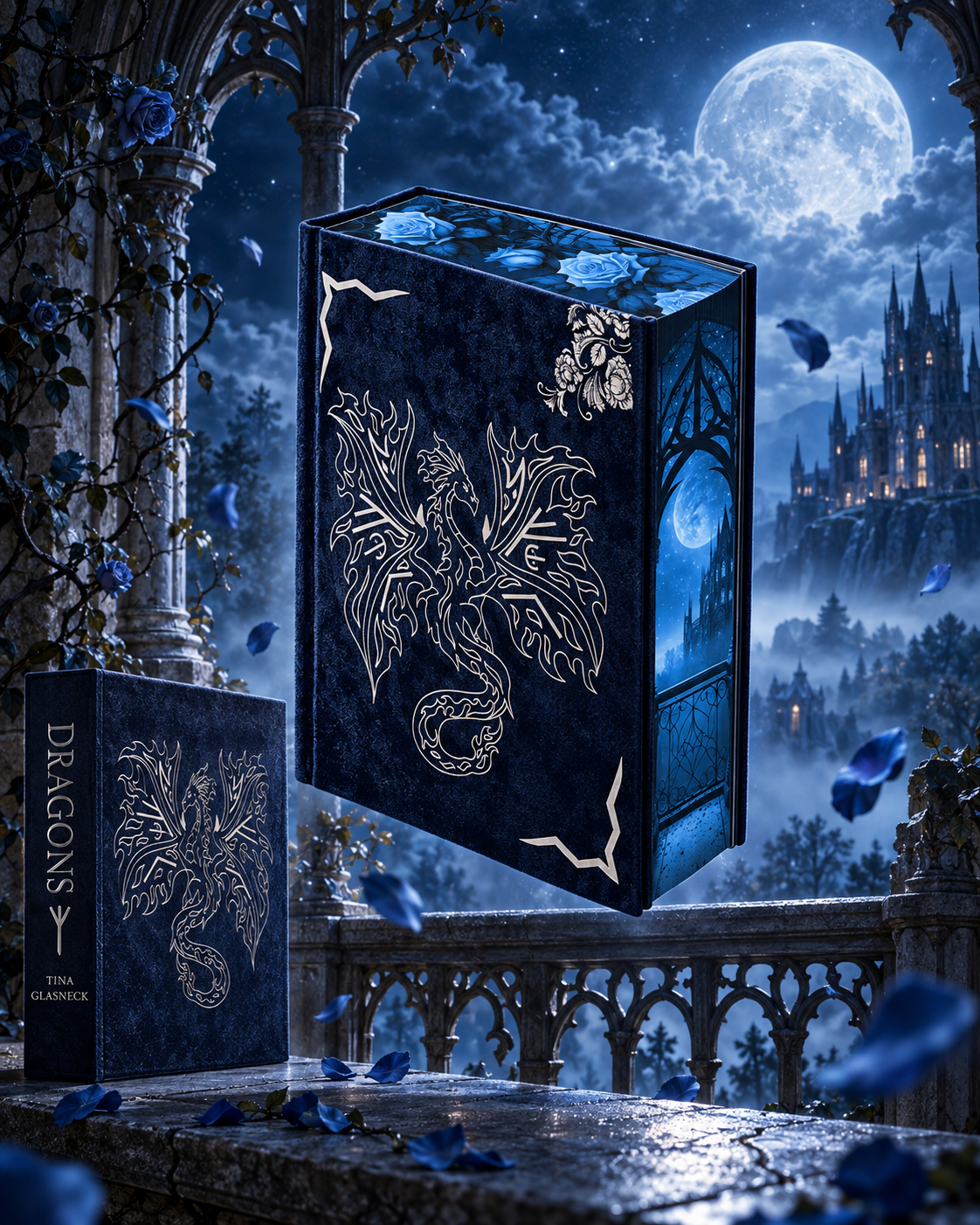 A dark blue gothic-style book and matching box with ornate silver dragon illustrations, shown floating above a stone balcony at night with a moonlit castle and blue roses in the background.